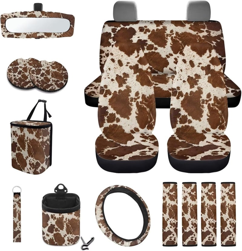 Wanyint Brown Beige Cow Print 15 PCS Car Seat Cover Full Set With Steering Wheel Cover, Seat Belt Pad, Trash Bin, Rear View Mirror Cover, Cup Holders, Keychain, Air Vent Storage Bag, Car Decoration - Image 1